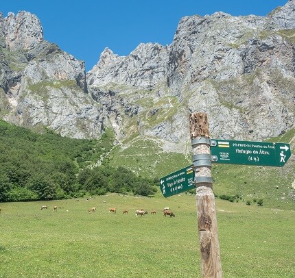 vandringskylt nedanför bergstoppar i picos de europa